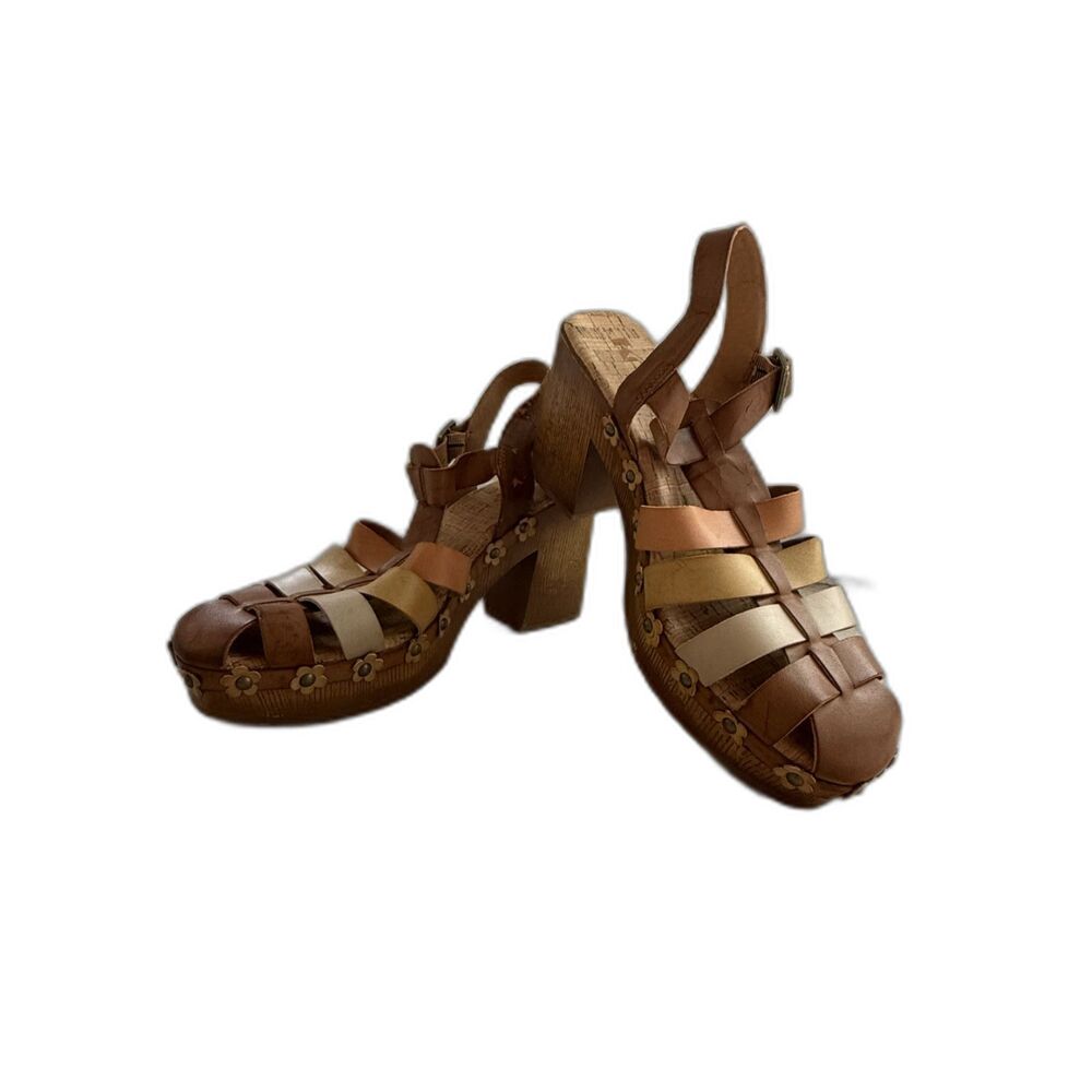 Korks Vintage Style Multi-Color Strappy Wooden Platform Heels | Women's Size 10